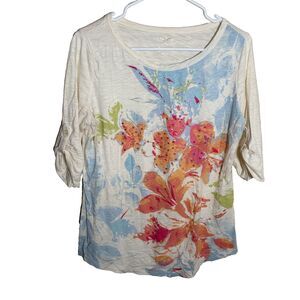 White Stag T-Shirt Women's Medium Ivory Round Neck Floral 3/4 Sleeve Top